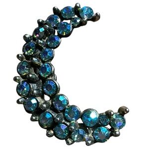 Faceted Aurora Borealis Rhinestones Set in Dark Toned Metal Crescent Brooch Pin